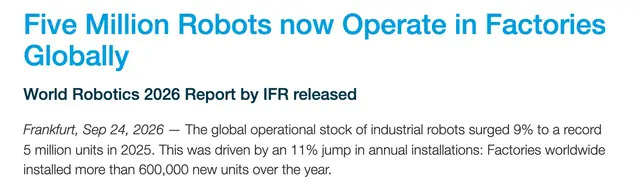 IFR press release of 24 September 2026: five million industrial robots now operate in factories worldwide