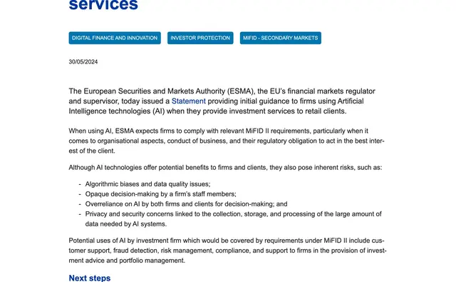 ESMA statement of 30 May 2024 telling investment firms that use AI to comply with MiFID II