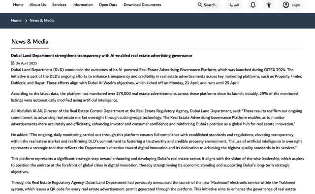 Dubai Land Department news release on its AI real estate advertising governance platform, 279,000 ads monitored