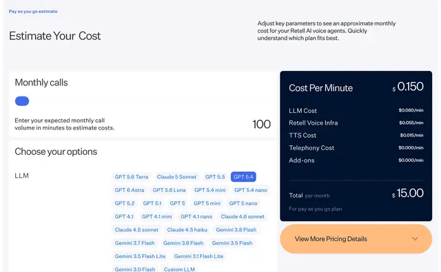 Retell AI pricing calculator showing a cost per minute of 0.150 dollars split into LLM, voice infrastructure and text to speech