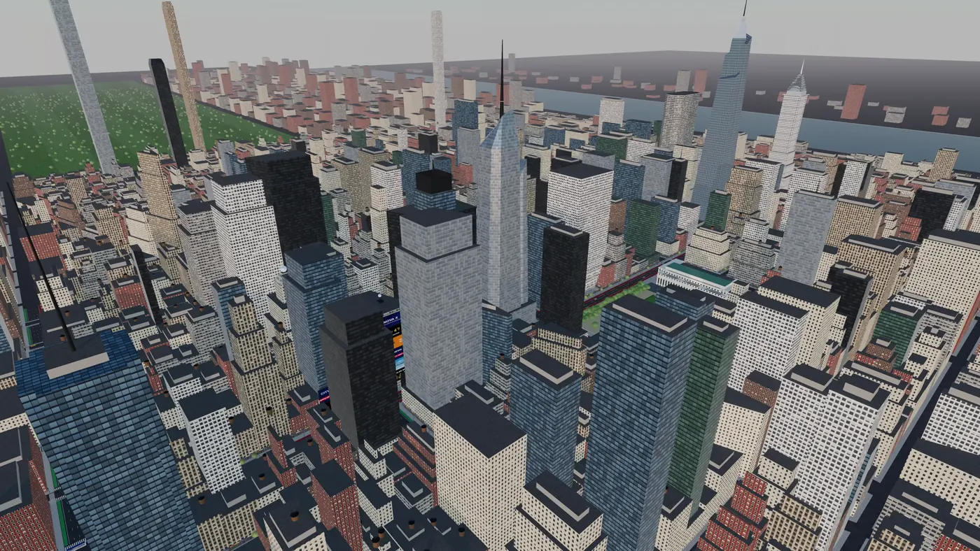 Aerial view of the extra high effort New York City build, with Central Park, the river and dense textured skyscrapers