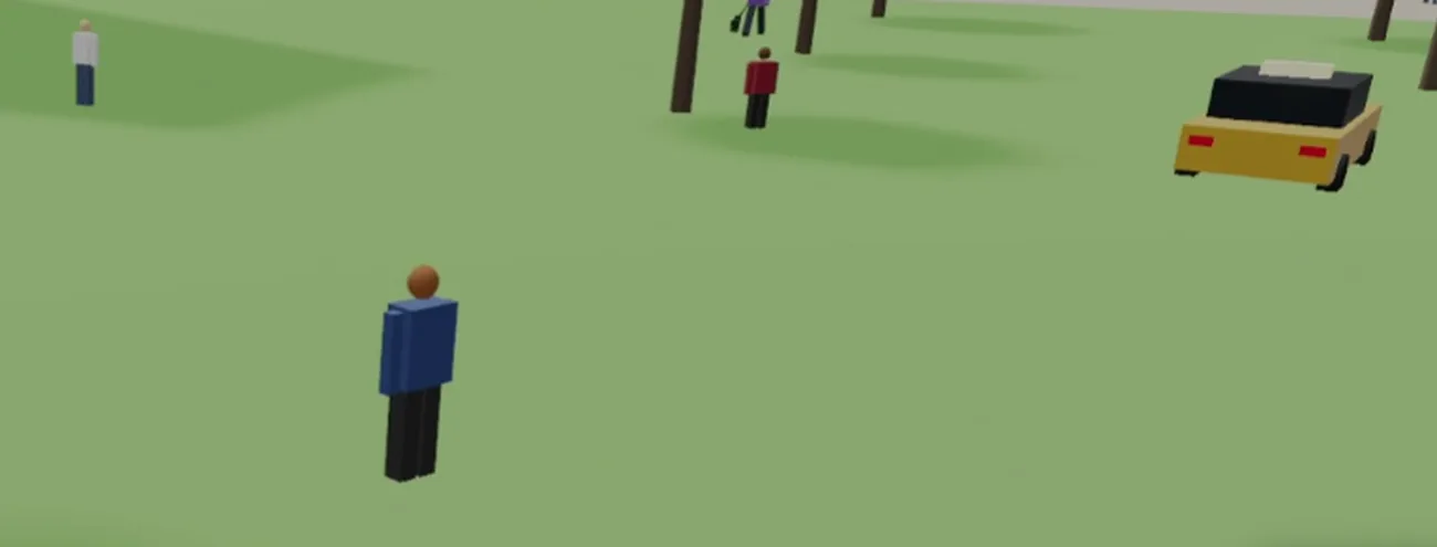 The low effort build in walk mode, with a yellow cab driving across the grass of the park among pedestrians