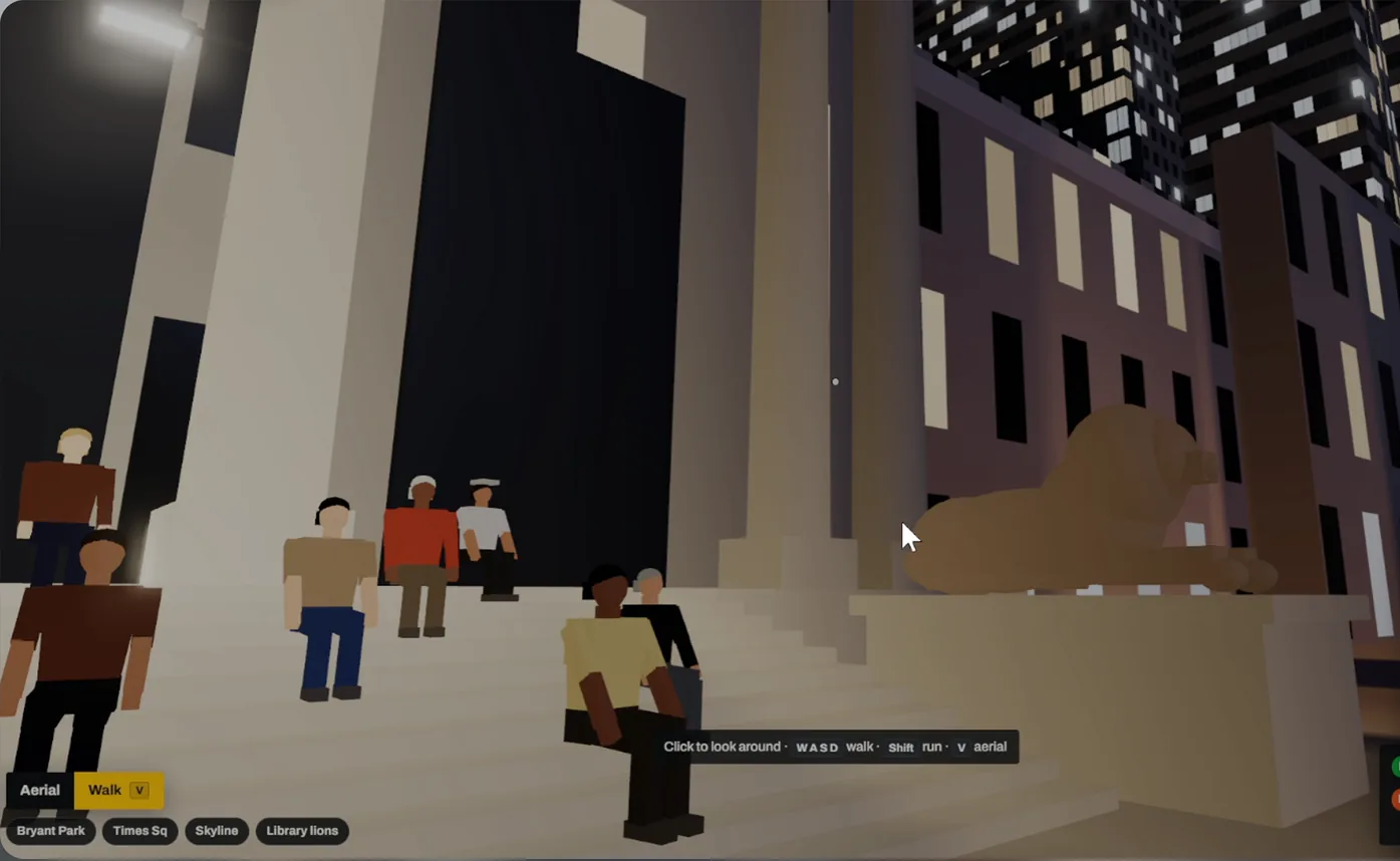 Walk mode in the max effort build at night, with people sitting on the New York Public Library steps beside a stone lion
