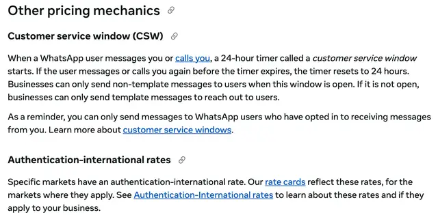 Meta's WhatsApp pricing documentation defining the customer service window, a 24 hour timer that starts when a user messages or calls the business