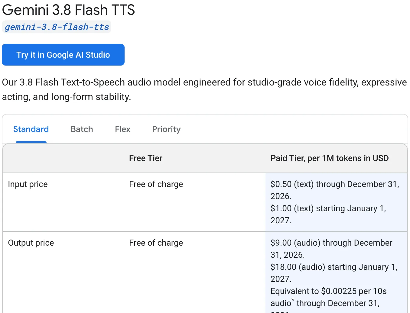 Gemini API pricing for gemini-3.8-flash-tts showing free of charge input and output on the free tier
