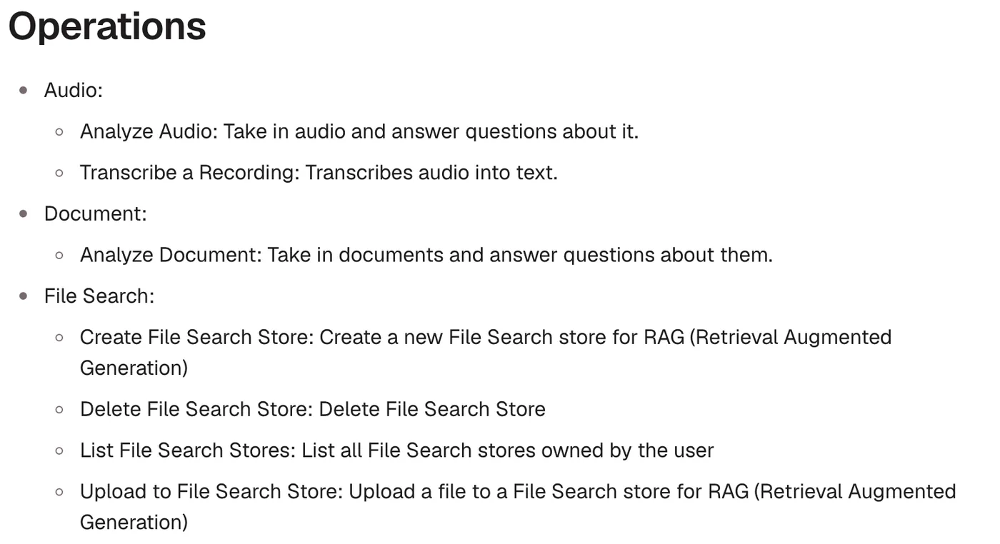 n8n docs listing the Google Gemini node operations, including Audio: Transcribe a Recording