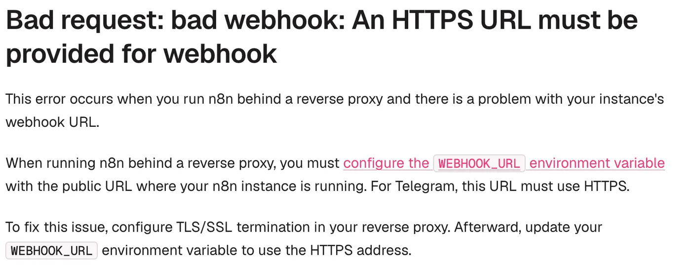 n8n Telegram Trigger common issues: Bad request, bad webhook, an HTTPS URL must be provided for webhook