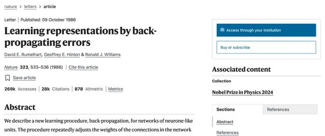 The Nature page for Learning representations by back propagating errors by Rumelhart, Hinton and Williams, published 9 October 1986