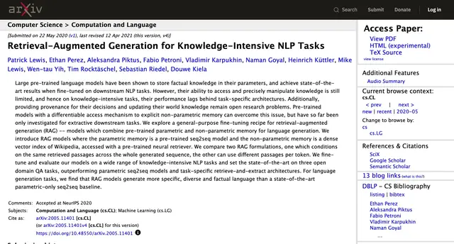 The arXiv page for Retrieval Augmented Generation for Knowledge Intensive NLP Tasks by Lewis et al., 2020