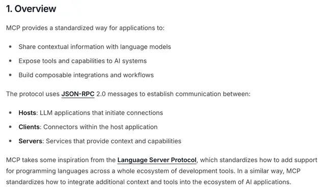 Model Context Protocol specification overview: the three roles that exchange messages, hosts, clients and servers